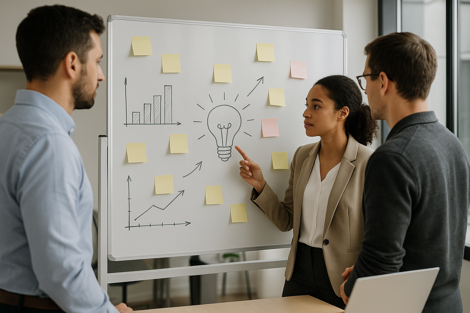 Team aziendale che lavora su idee e innovazione con lavagna e post-it