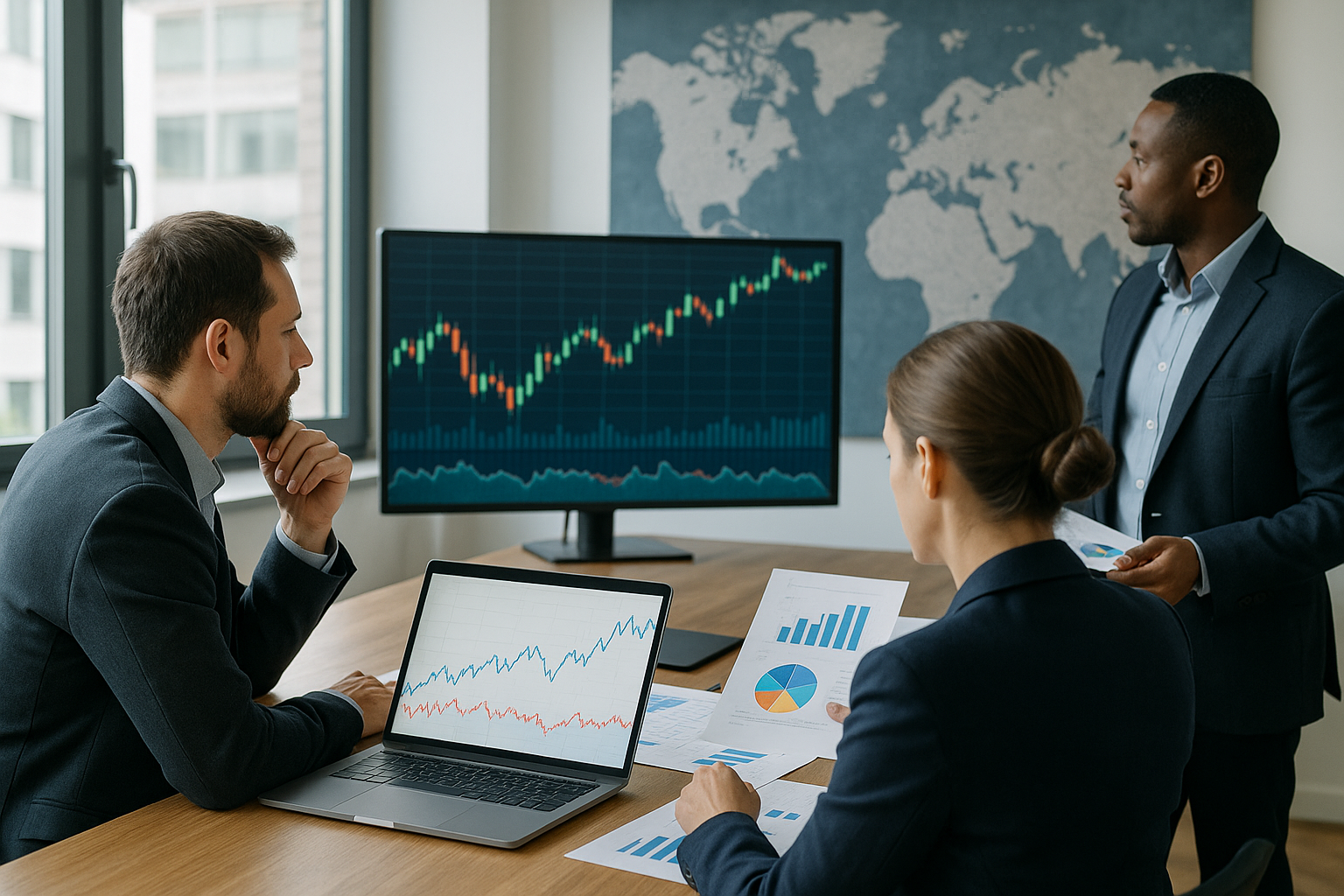 Team aziendale che analizza dati e scenari dell’economia globale su schermi