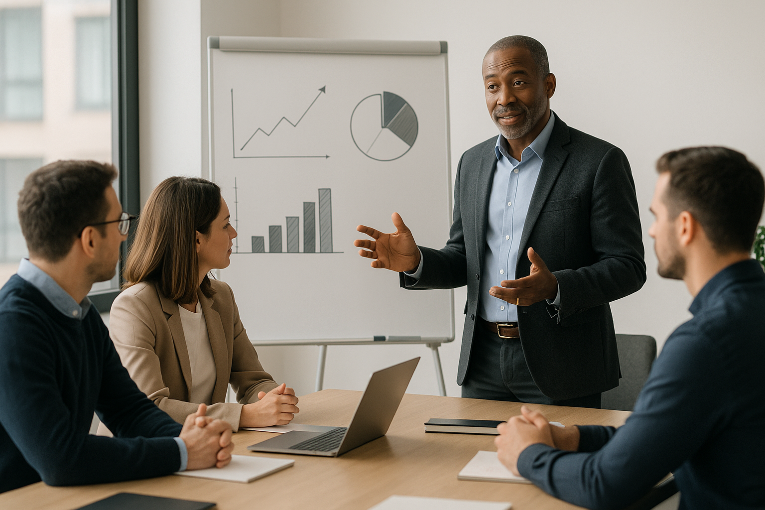 Team in riunione guidato da una leadership che facilita decisioni e strategia di crescita
