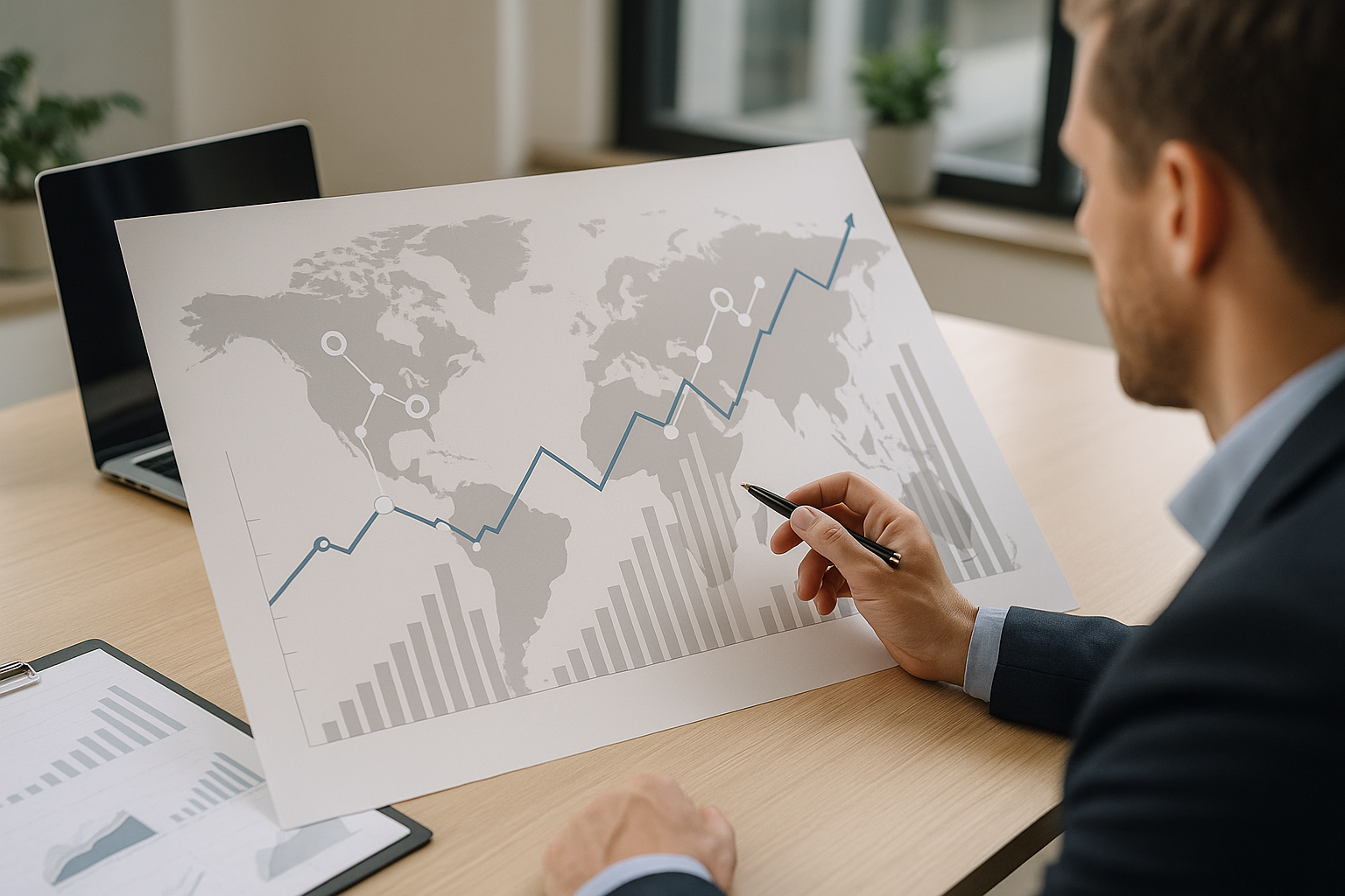 Mappa mondiale stilizzata che rappresenta strategie aziendali, logistica e crescita nei mercati internazionali
