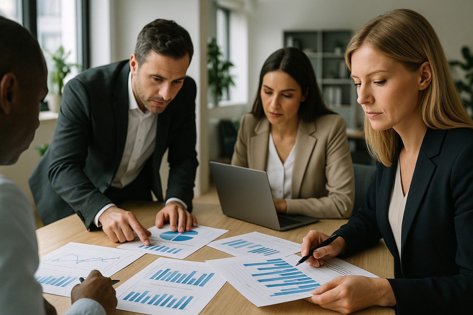 Team aziendale che analizza dati e report per gestire un periodo di incertezza economica