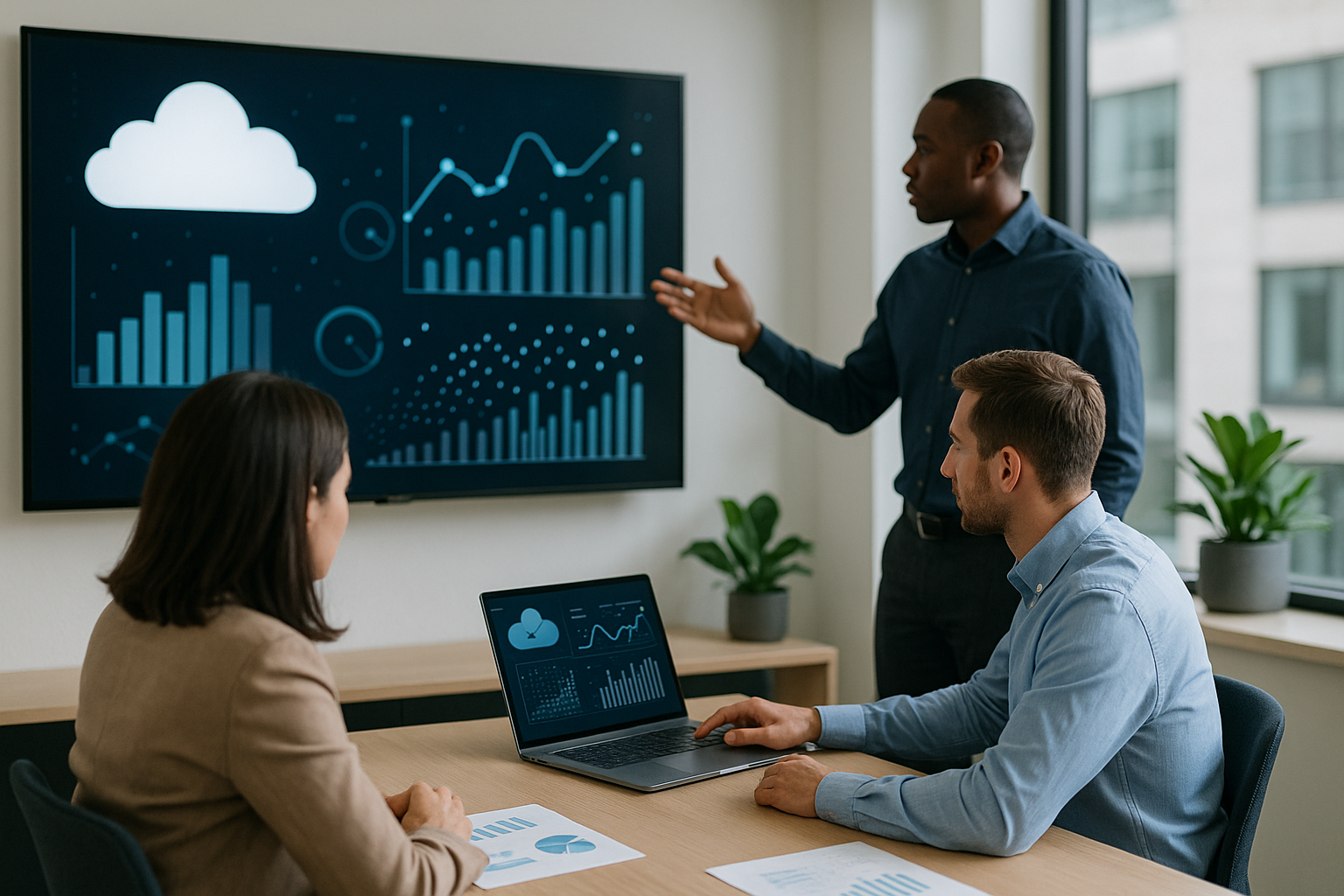 Team in ufficio moderno che analizza dati e processi digitali legati all’innovazione tecnologica aziendale