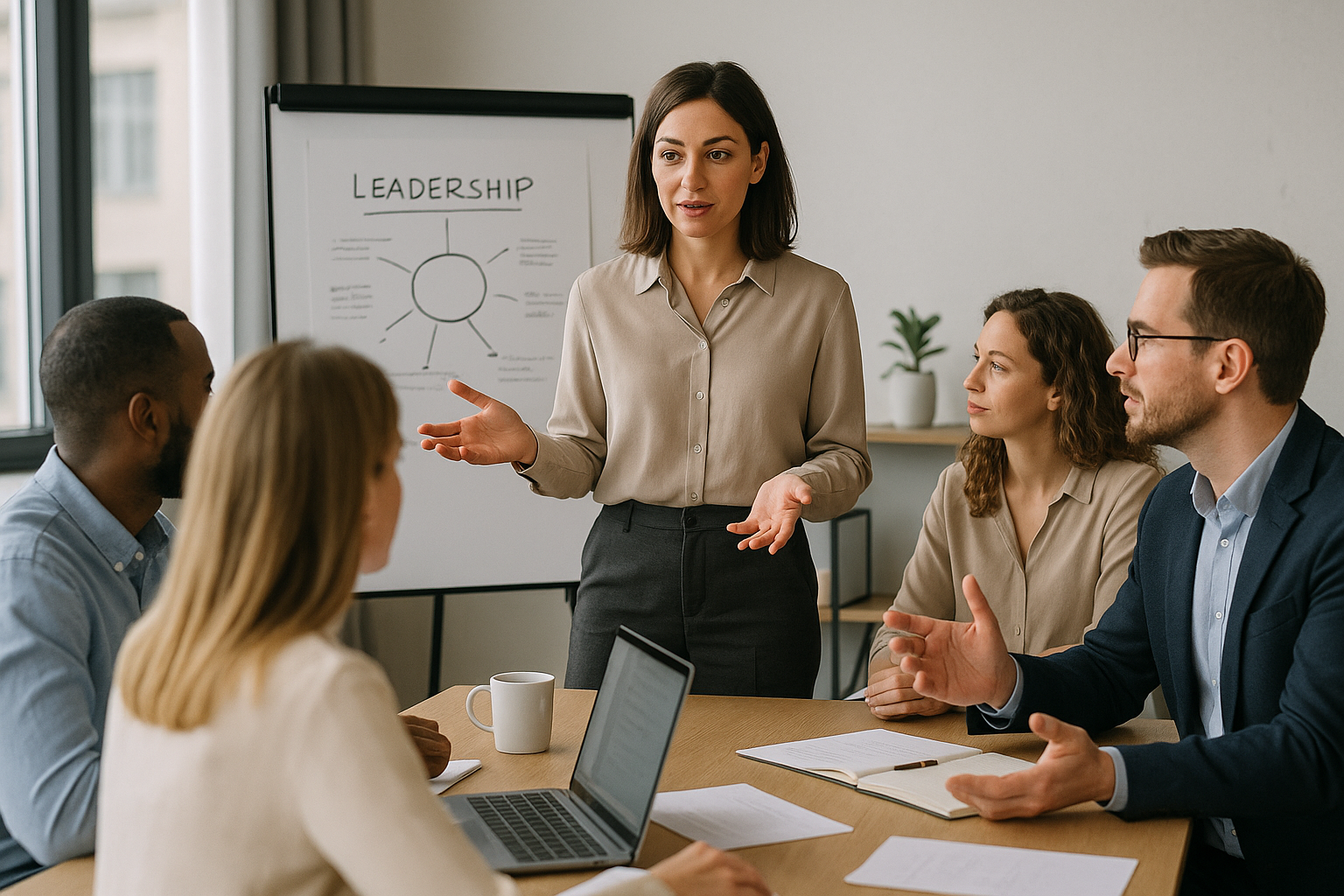 Team in riunione con un leader facilitatore che supporta decisioni collaborative