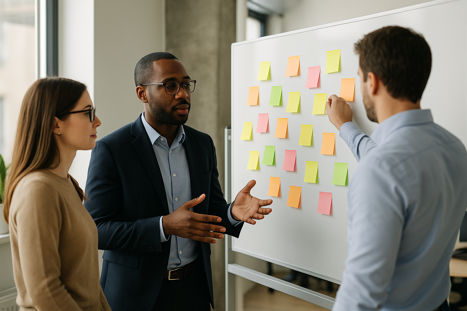 Team in ufficio che discute idee e pianificazione davanti a una lavagna con post-it