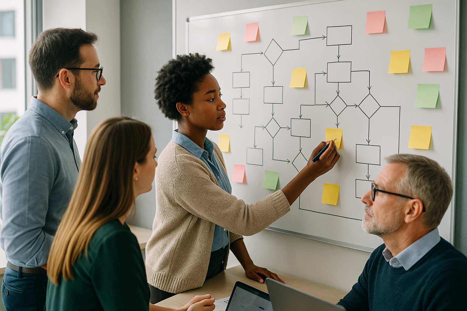 Team aziendale che pianifica una trasformazione organizzativa con diagrammi di processo