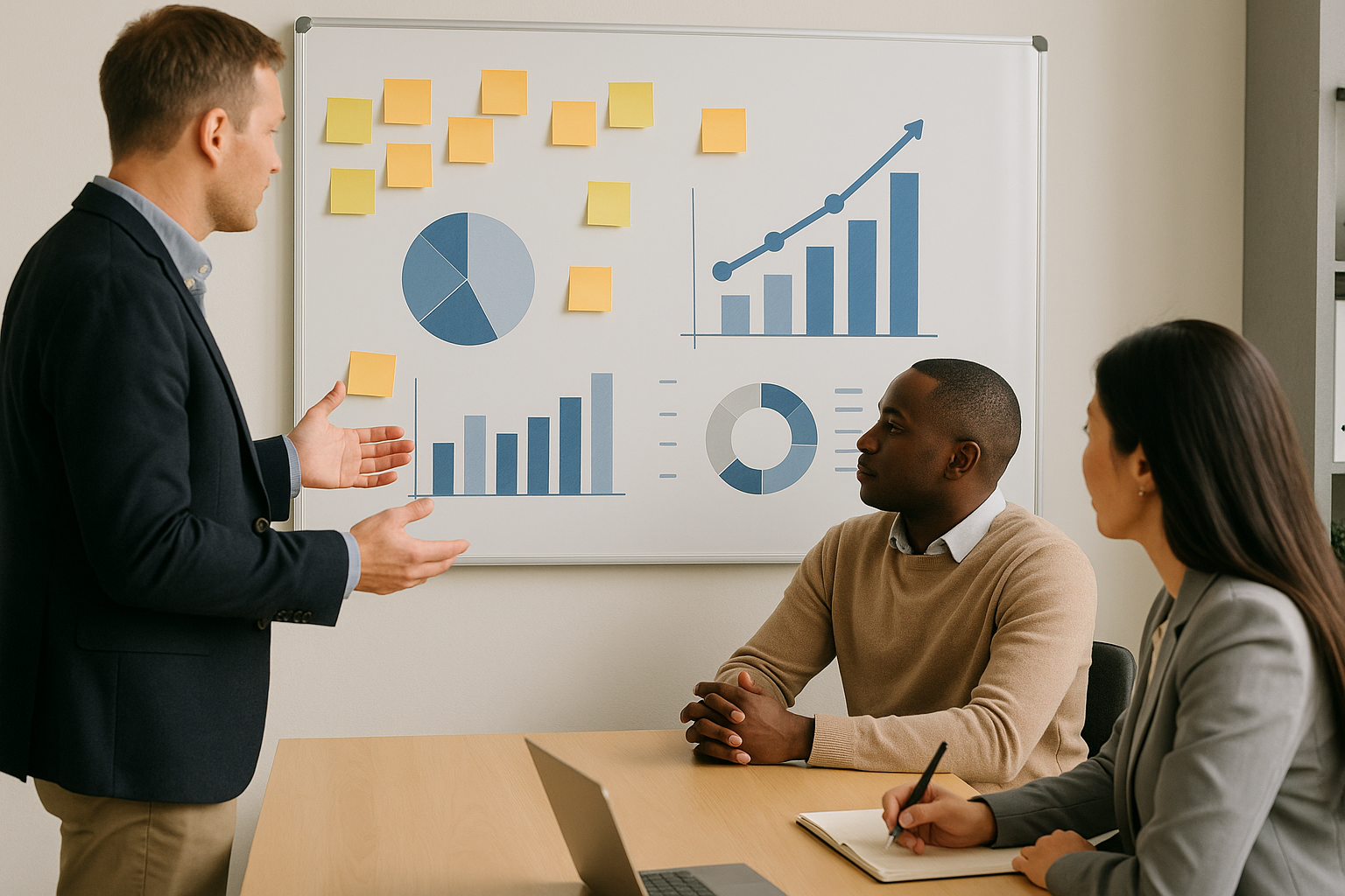 Team aziendale che pianifica una strategia di mercato davanti a grafici e lavagna